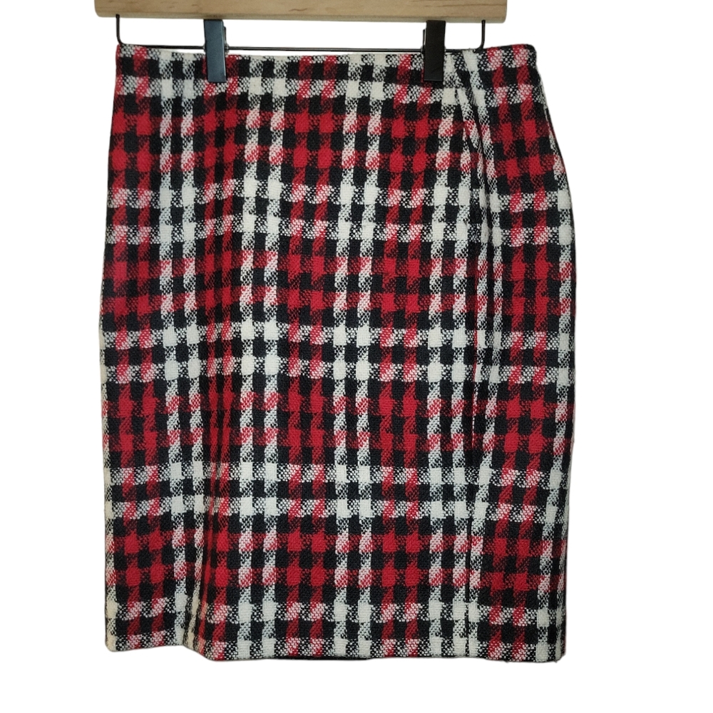 Talbots, Pencil Skirt, Wool, Red Black + White Plaid, Zipper Back, Women's 4 Pet